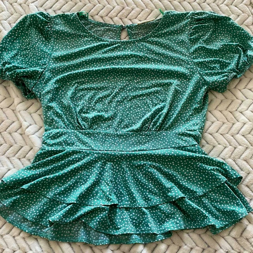 Green With White Polka Dot MERAKI Blouse with a frilly bottom